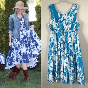 Plus Size Boho Dress Sleeveless Tiered Cotton Tropical Floral Vacation Blue 3X